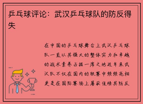 乒乓球评论：武汉乒乓球队的防反得失