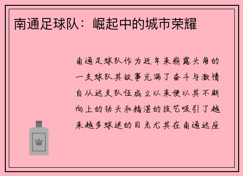 南通足球队：崛起中的城市荣耀
