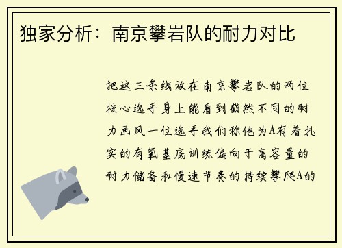 独家分析：南京攀岩队的耐力对比